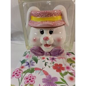 Ceramic Girl Bunny Treat Jar Pink Hat, Floppy Ears Handpainted